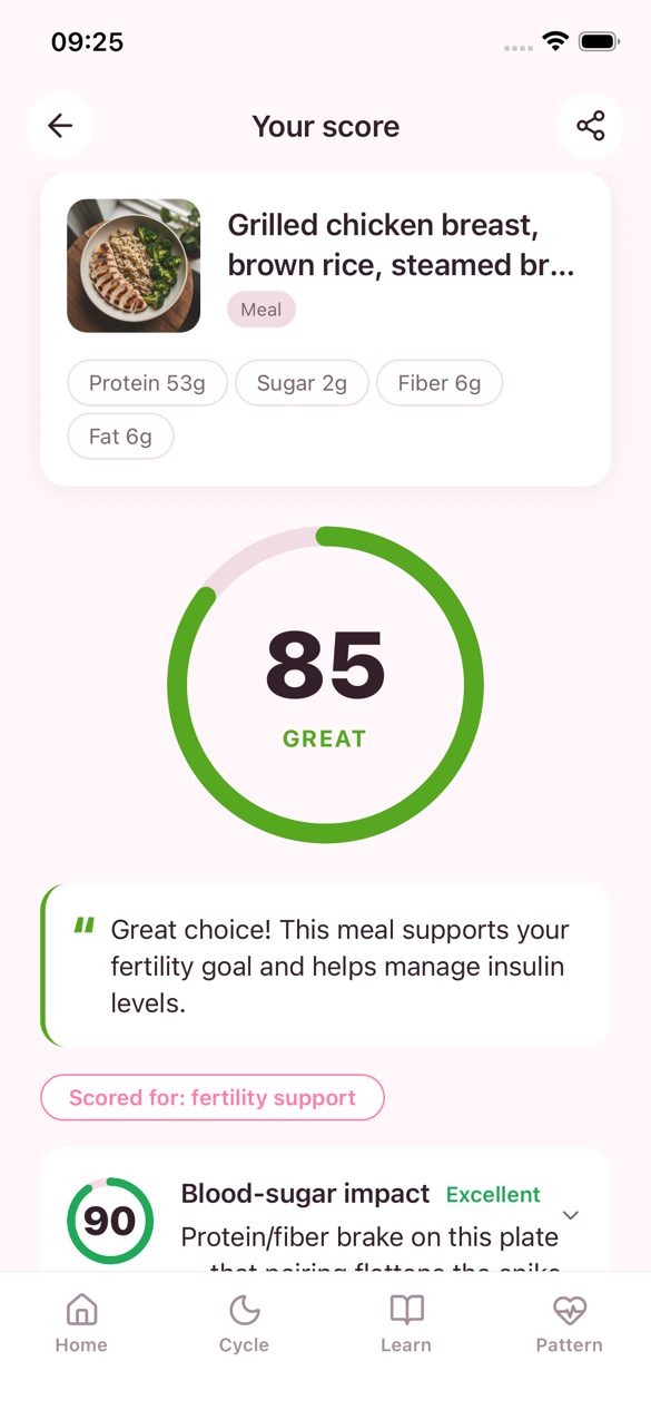 PCOScan results screen showing a PCOS-Safe Score of 85 for a grilled chicken bowl